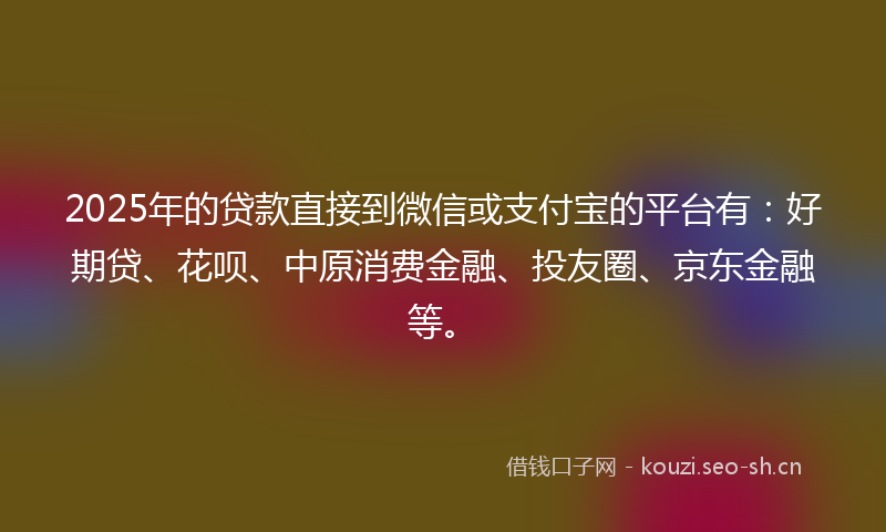 2025年的贷款直接到微信或支付宝的平台有：好期贷、花呗、中原消费金融、投友圈、京东金融等。