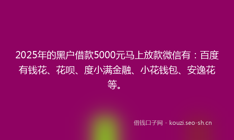 2025年的黑户借款5000元马上放款微信有：百度有钱花、花呗、度小满金融、小花钱包、安逸花等。