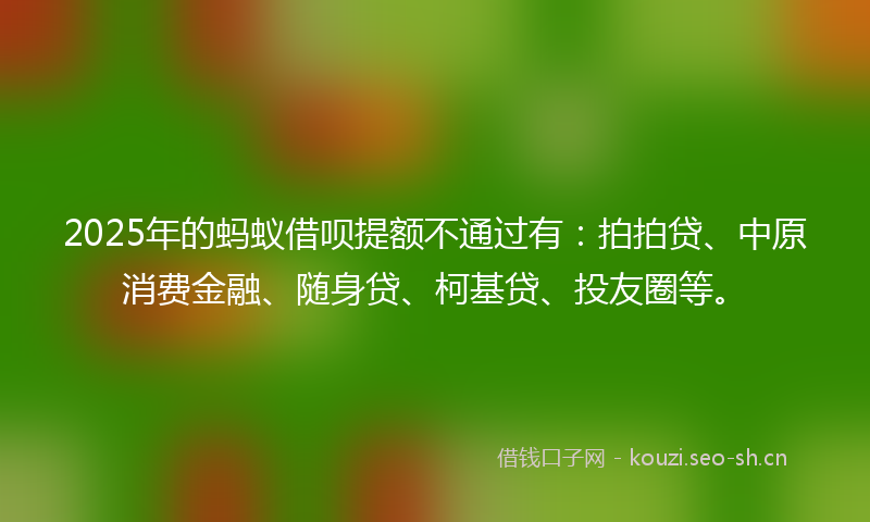 2025年的蚂蚁借呗提额不通过有：拍拍贷、中原消费金融、随身贷、柯基贷、投友圈等。