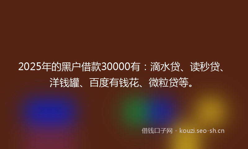 2025年的黑户借款30000有：滴水贷、读秒贷、洋钱罐、百度有钱花、微粒贷等。