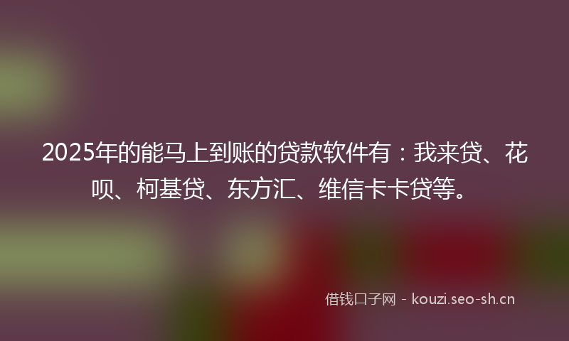2025年的能马上到账的贷款软件有：我来贷、花呗、柯基贷、东方汇、维信卡卡贷等。