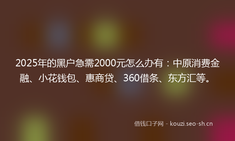 2025年的黑户急需2000元怎么办有：中原消费金融、小花钱包、惠商贷、360借条、东方汇等。