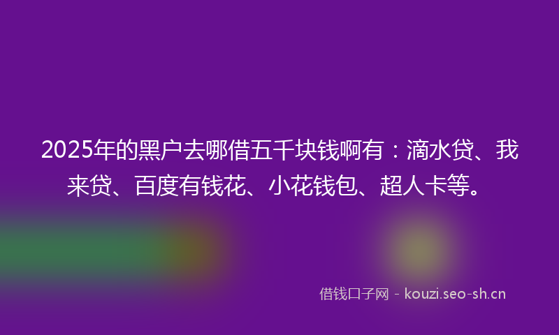 2025年的黑户去哪借五千块钱啊有：滴水贷、我来贷、百度有钱花、小花钱包、超人卡等。
