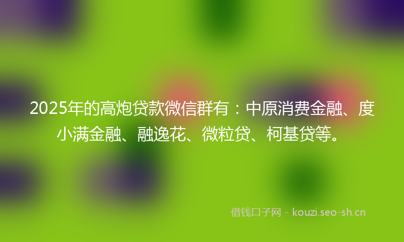 2025年的高炮贷款微信群有：中原消费金融、度小满金融、融逸花、微粒贷、柯基贷等。