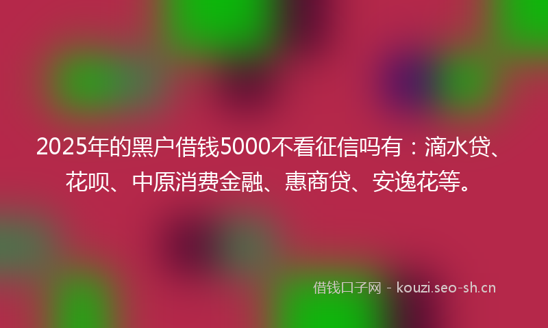2025年的黑户借钱5000不看征信吗有：滴水贷、花呗、中原消费金融、惠商贷、安逸花等。