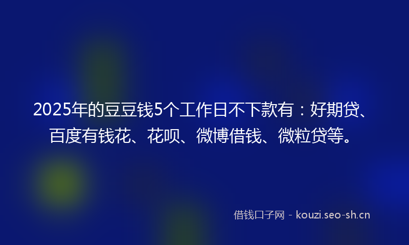 2025年的豆豆钱5个工作日不下款有：好期贷、百度有钱花、花呗、微博借钱、微粒贷等。