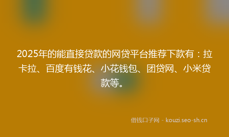 2025年的能直接贷款的网贷平台推荐下款有：拉卡拉、百度有钱花、小花钱包、团贷网、小米贷款等。