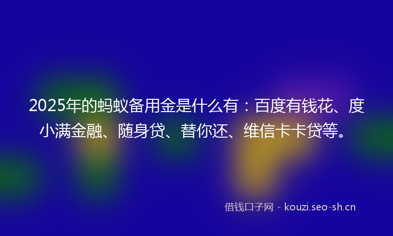 2025年的蚂蚁备用金是什么有：百度有钱花、度小满金融、随身贷、替你还、维信卡卡贷等。