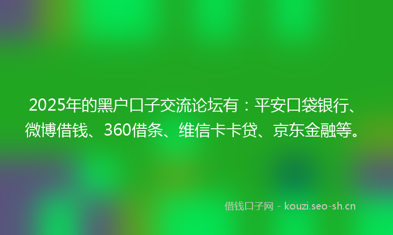 2025年的黑户口子交流论坛有：平安口袋银行、微博借钱、360借条、维信卡卡贷、京东金融等。