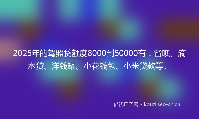 2025年的驾照贷额度8000到50000有：省呗、滴水贷、洋钱罐、小花钱包、小米贷款等。