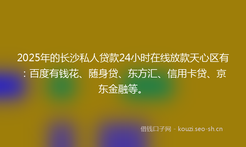 2025年的长沙私人贷款24小时在线放款天心区有：百度有钱花、随身贷、东方汇、信用卡贷、京东金融等。