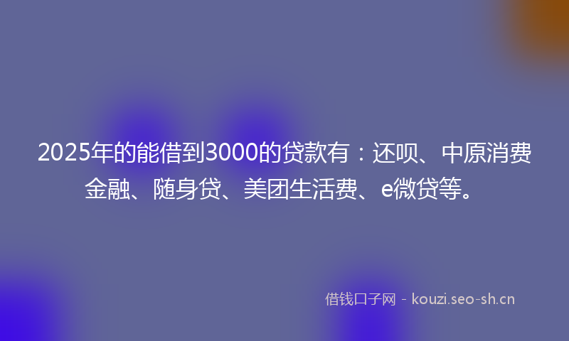 2025年的能借到3000的贷款有：还呗、中原消费金融、随身贷、美团生活费、e微贷等。