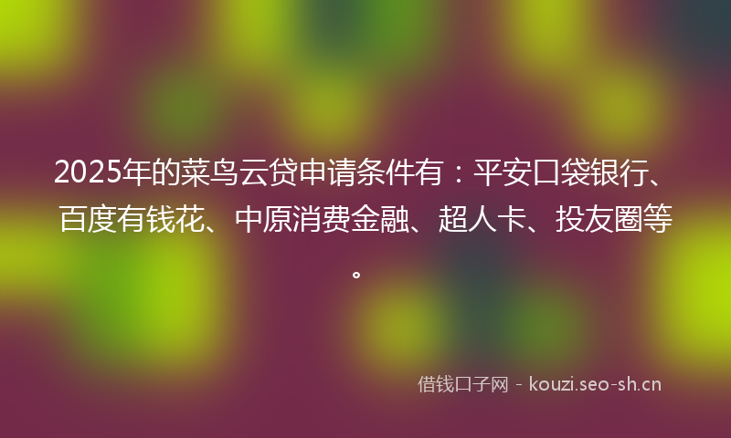 2025年的菜鸟云贷申请条件有：平安口袋银行、百度有钱花、中原消费金融、超人卡、投友圈等。