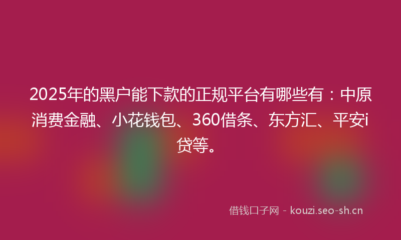 2025年的黑户能下款的正规平台有哪些有：中原消费金融、小花钱包、360借条、东方汇、平安i贷等。