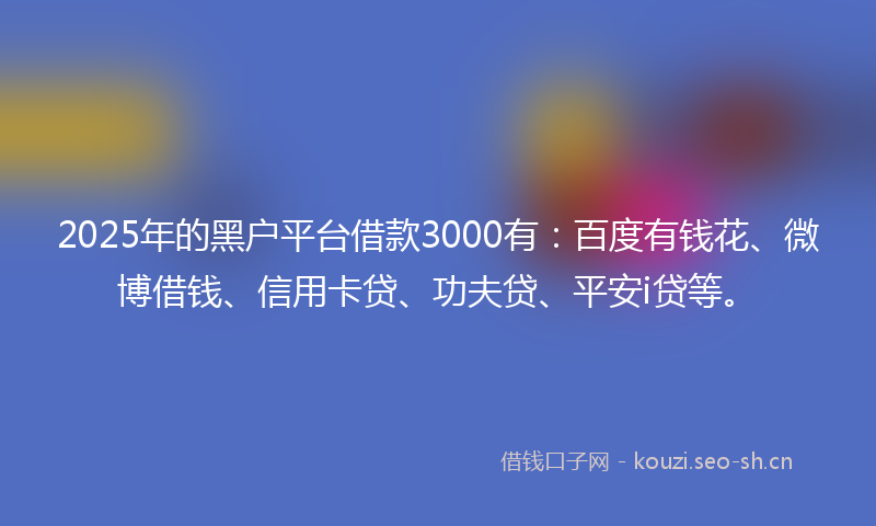 2025年的黑户平台借款3000有：百度有钱花、微博借钱、信用卡贷、功夫贷、平安i贷等。