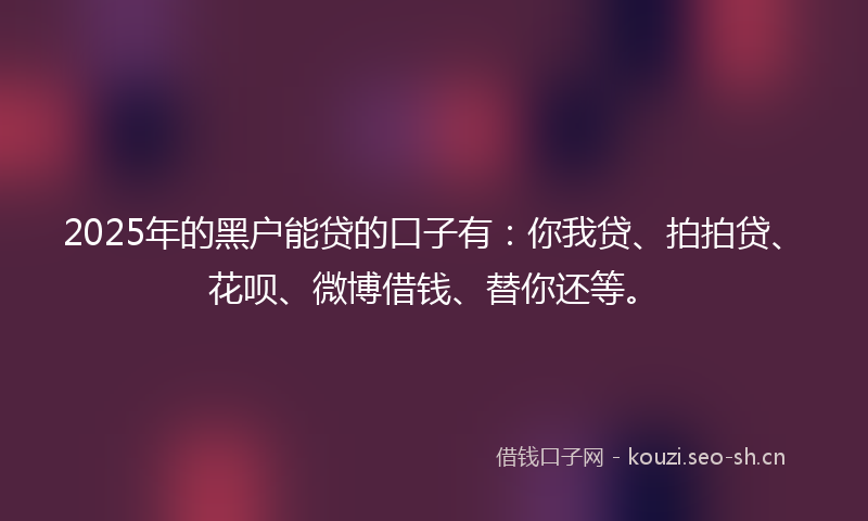 2025年的黑户能贷的口子有：你我贷、拍拍贷、花呗、微博借钱、替你还等。