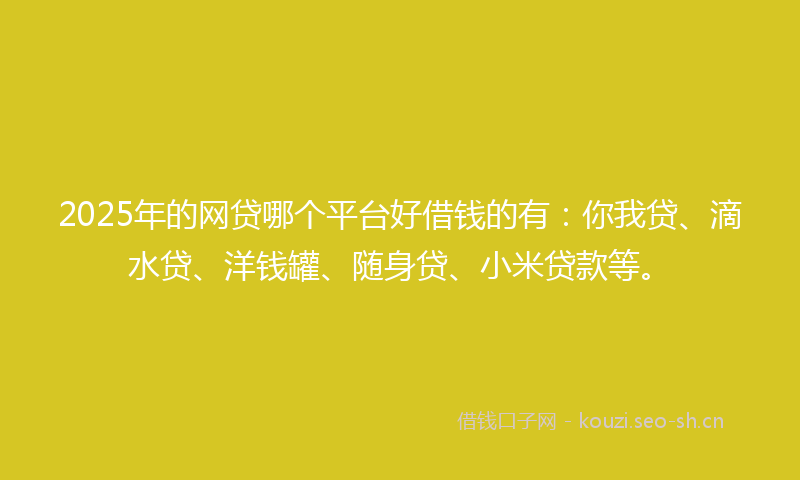 2025年的网贷哪个平台好借钱的有：你我贷、滴水贷、洋钱罐、随身贷、小米贷款等。