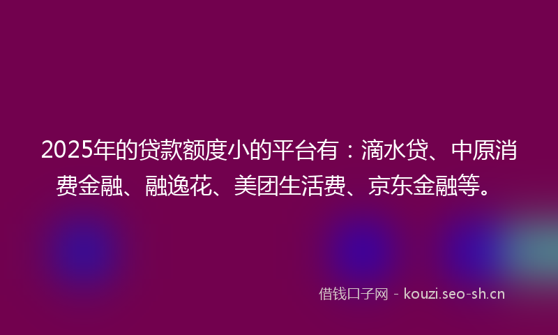 2025年的贷款额度小的平台有：滴水贷、中原消费金融、融逸花、美团生活费、京东金融等。