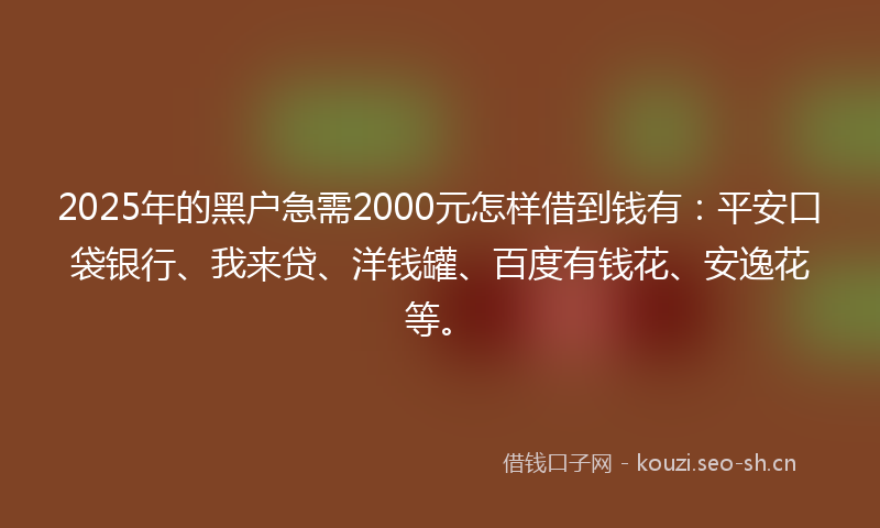 2025年的黑户急需2000元怎样借到钱有：平安口袋银行、我来贷、洋钱罐、百度有钱花、安逸花等。
