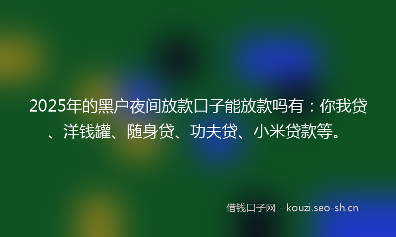 2025年的黑户夜间放款口子能放款吗有：你我贷、洋钱罐、随身贷、功夫贷、小米贷款等。