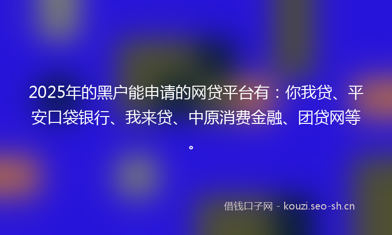2025年的黑户能申请的网贷平台有：你我贷、平安口袋银行、我来贷、中原消费金融、团贷网等。