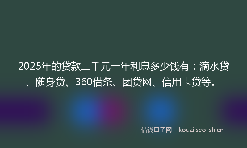 2025年的贷款二千元一年利息多少钱有：滴水贷、随身贷、360借条、团贷网、信用卡贷等。