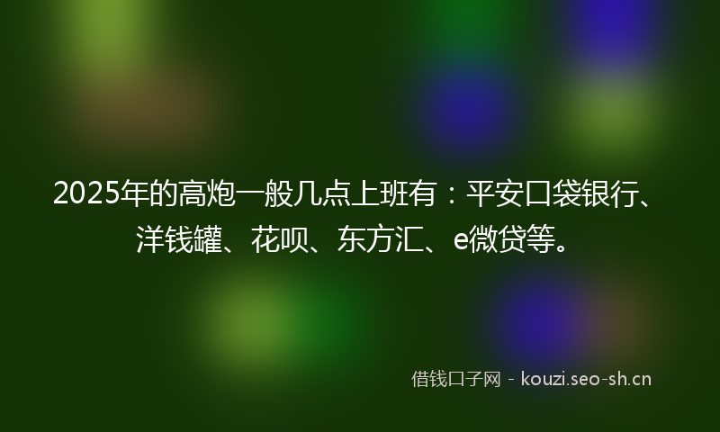 2025年的高炮一般几点上班有：平安口袋银行、洋钱罐、花呗、东方汇、e微贷等。