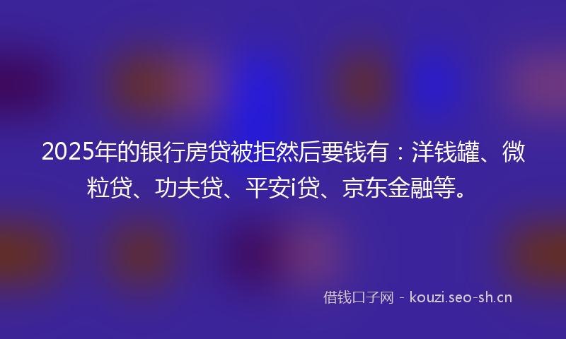 2025年的银行房贷被拒然后要钱有：洋钱罐、微粒贷、功夫贷、平安i贷、京东金融等。