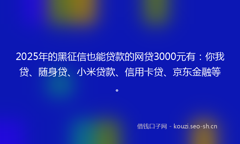 2025年的黑征信也能贷款的网贷3000元有：你我贷、随身贷、小米贷款、信用卡贷、京东金融等。