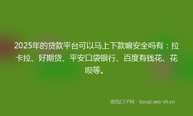 2025年的贷款平台可以马上下款嘛安全吗有：拉卡拉、好期贷、平安口袋银行、百度有钱花、花呗等。