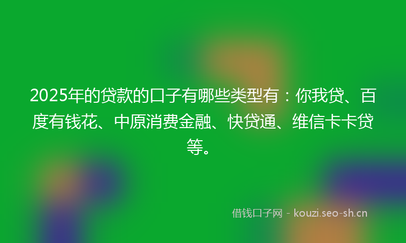 2025年的贷款的口子有哪些类型有：你我贷、百度有钱花、中原消费金融、快贷通、维信卡卡贷等。