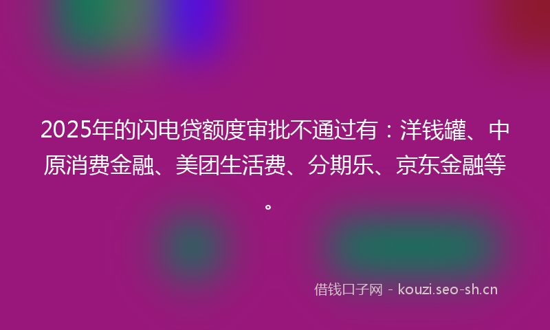 2025年的闪电贷额度审批不通过有：洋钱罐、中原消费金融、美团生活费、分期乐、京东金融等。