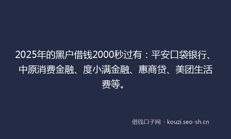 2025年的黑户借钱2000秒过有：平安口袋银行、中原消费金融、度小满金融、惠商贷、美团生活费等。