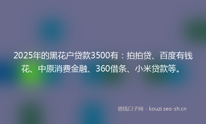 2025年的黑花户贷款3500有：拍拍贷、百度有钱花、中原消费金融、360借条、小米贷款等。